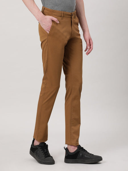 Casual Trim Fit Solid Khaki Trousers for Men