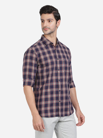 Casual Full Sleeve Slim Fit Checks Navy With Collar Shirt For Men
