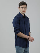 Casual Navy Full Sleeve Slim Fit Stripe Shirt with Collar for Men