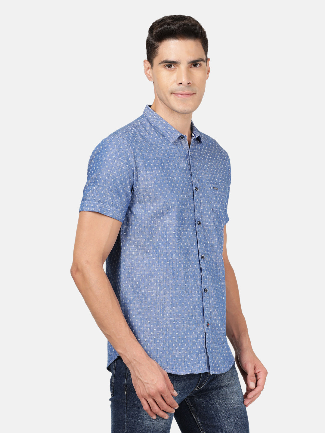 Casual Half Sleeve Slim Fit Printed Blue with Collar Shirt for Men