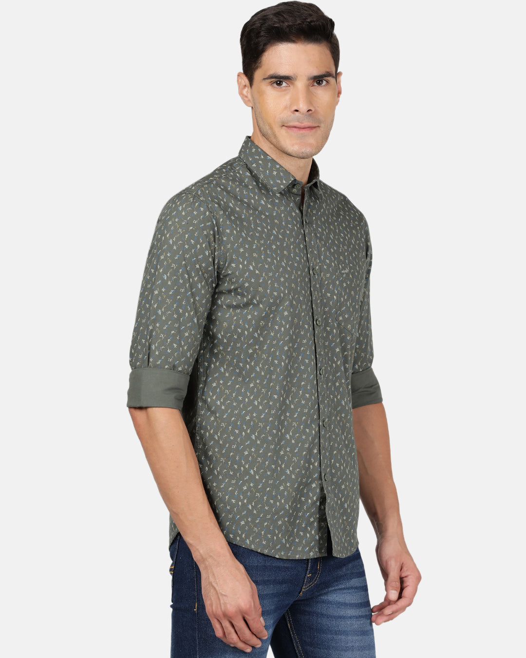 Crocodile Casual Full Sleeve Slim Fit Printed Green with Collar Shirt for Men