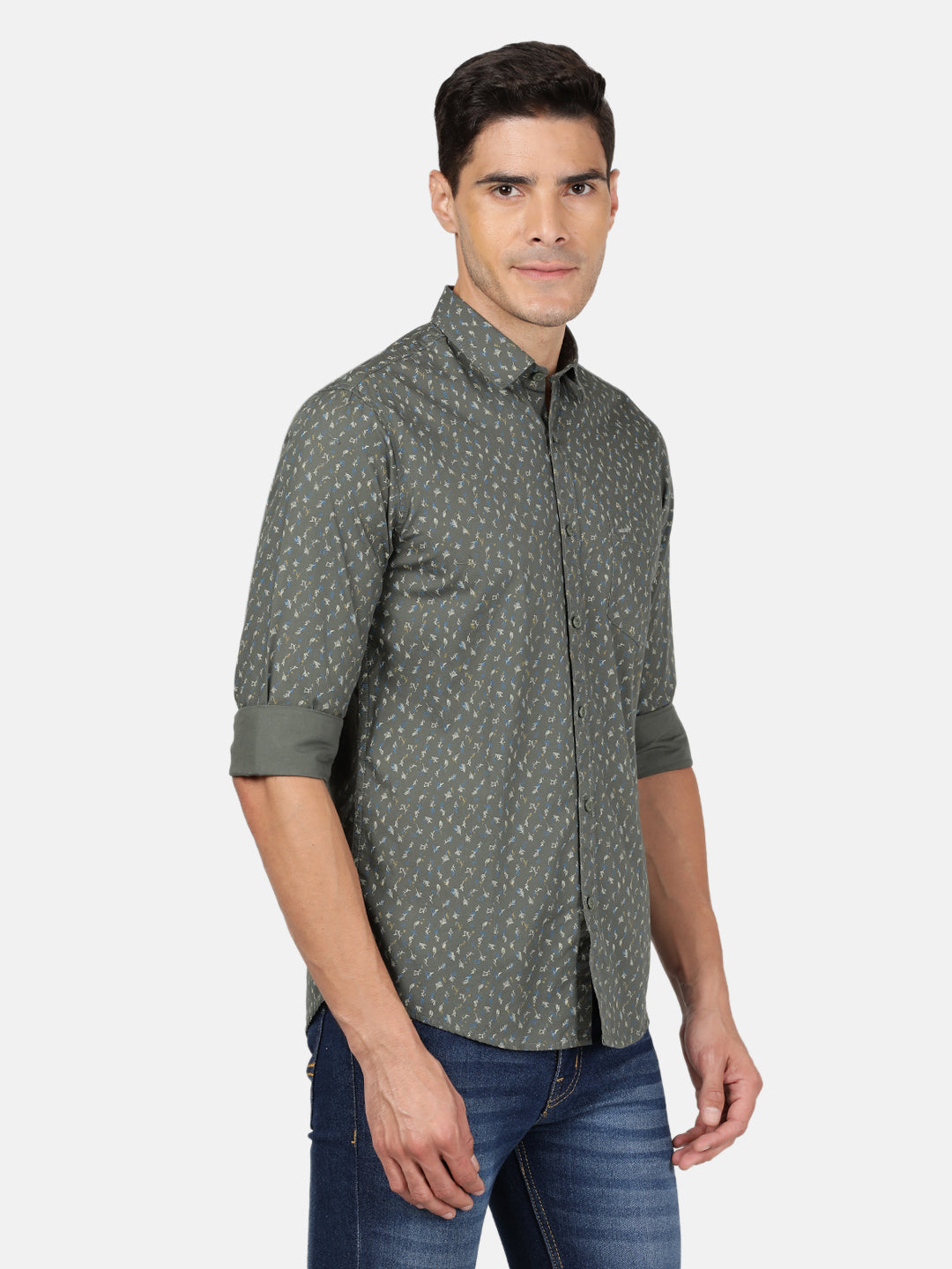 Crocodile Casual Full Sleeve Slim Fit Printed Green with Collar Shirt for Men