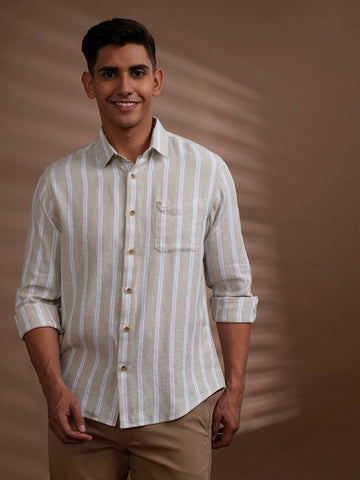 Linen Blend Natural Colour Stripe Shirt Beige