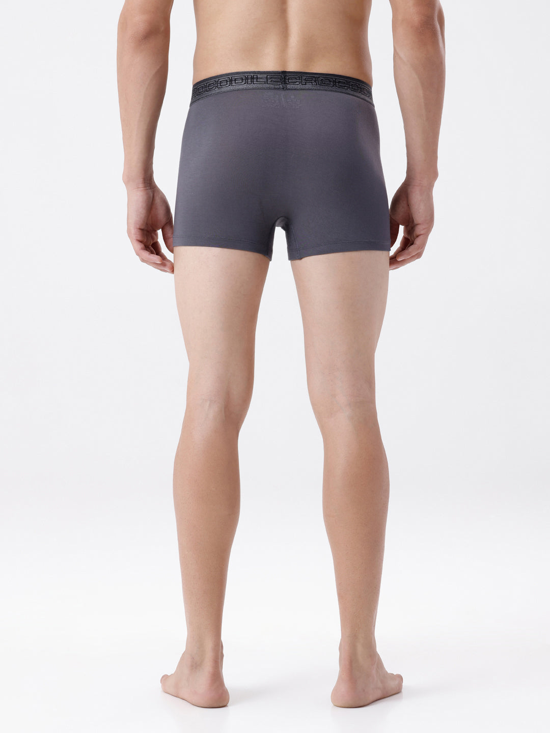 Person wearing gray boxer briefs on a white background