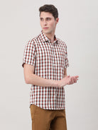 Casual Red Half Sleeve Comfort Fit Checks Shirt with Collar for Men