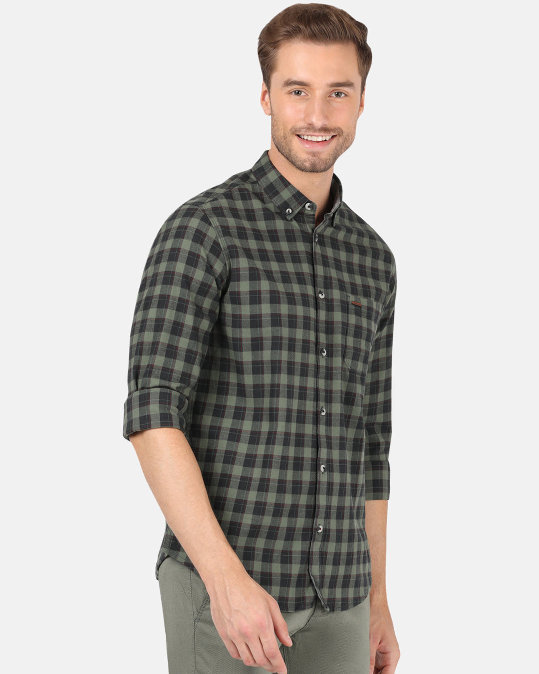 Crocodile Men's Casual Full Sleeve Comfort Fit Checks Green with Collar Shirt