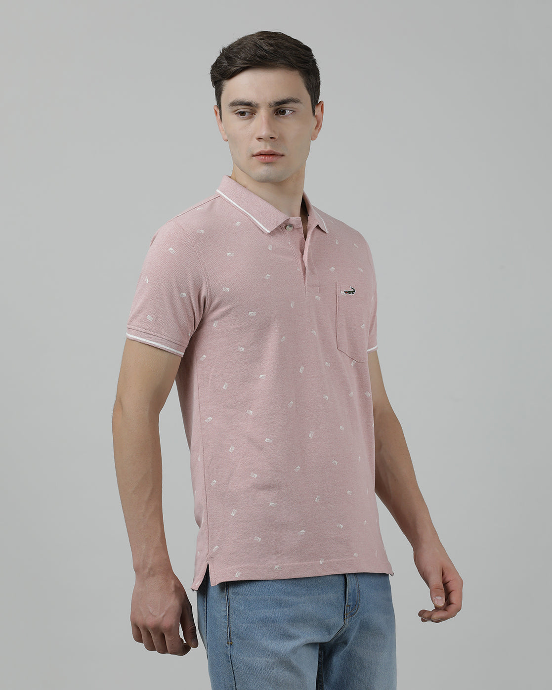 Casual Pink Printed T-Shirt Half Sleeve Slim Fit Melange with Collar for Men