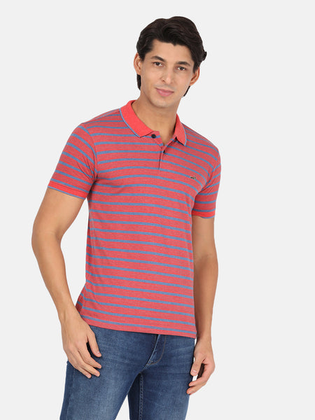 Men Pink & Blue Striped Polo Collar Pockets Slim Fit T-Shirt