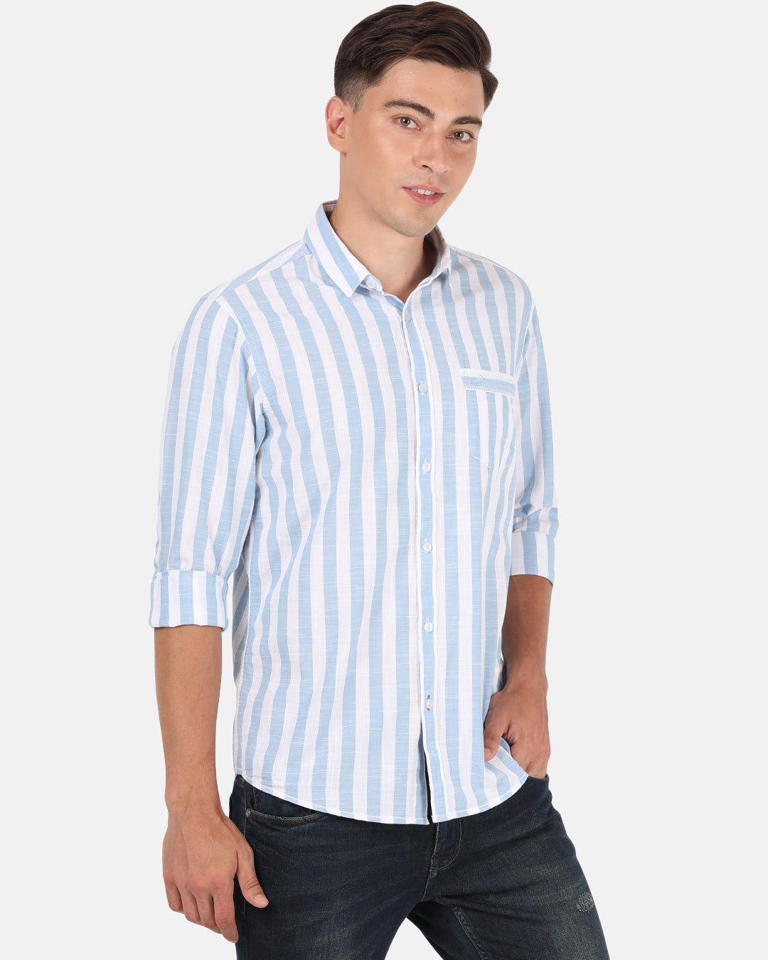 Crocodile Men's Blue Striper Comfort Fit Full Sleeve Shirt