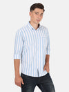 Man wearing a blue blue striped full sleeve 100% cotton shirt with casual styling on a gray background