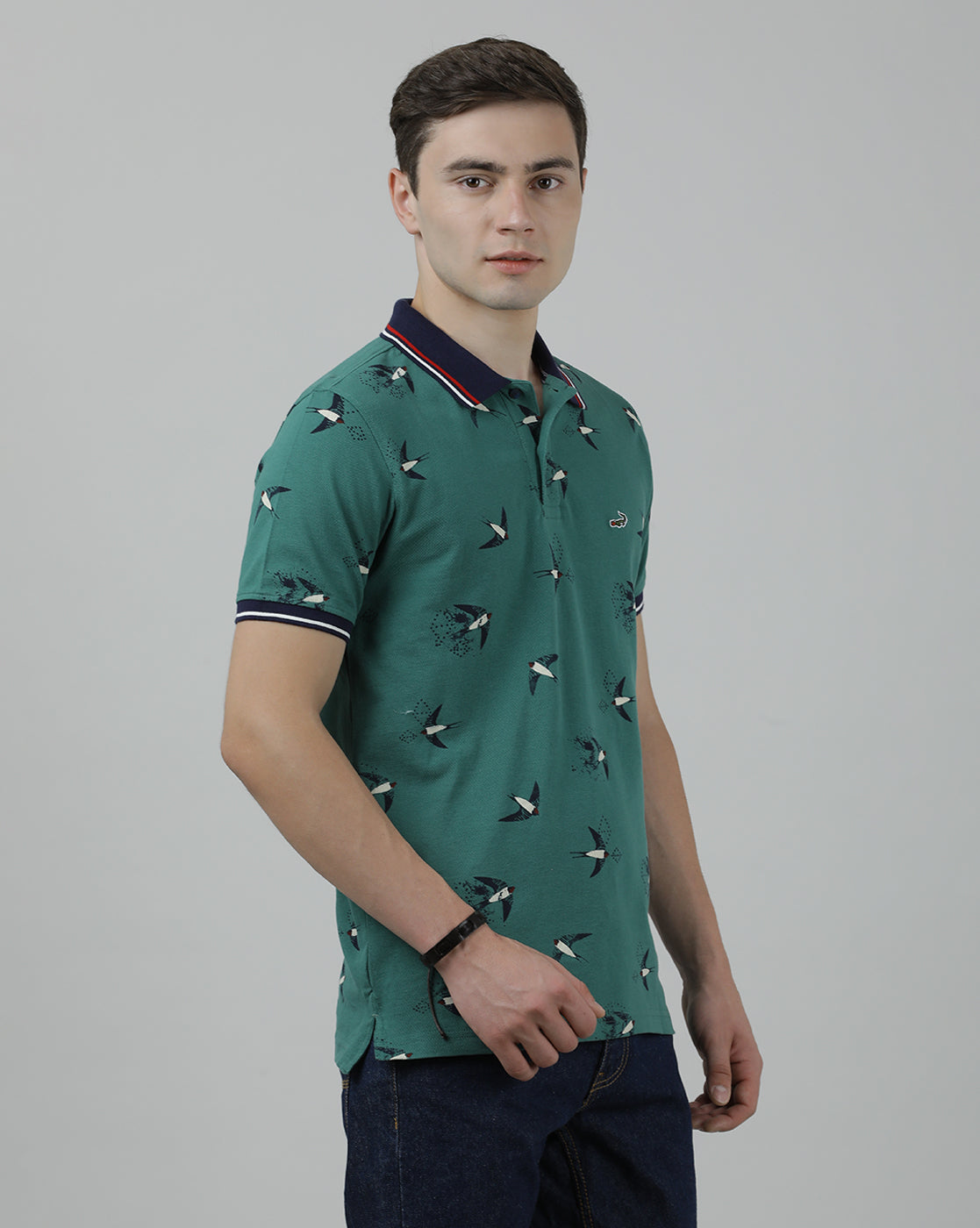 Casual Green T-Shirt Polo Printed Half Sleeve Slim Fit with Collar for Men