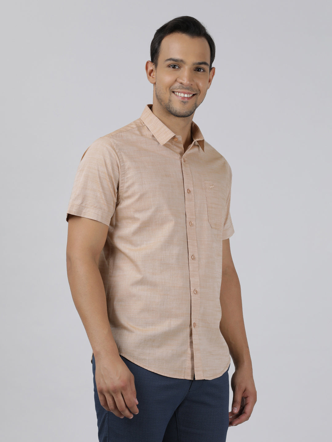 Casual Beige Half Sleeve Regular Fit Solid Shirt with Collar for Men