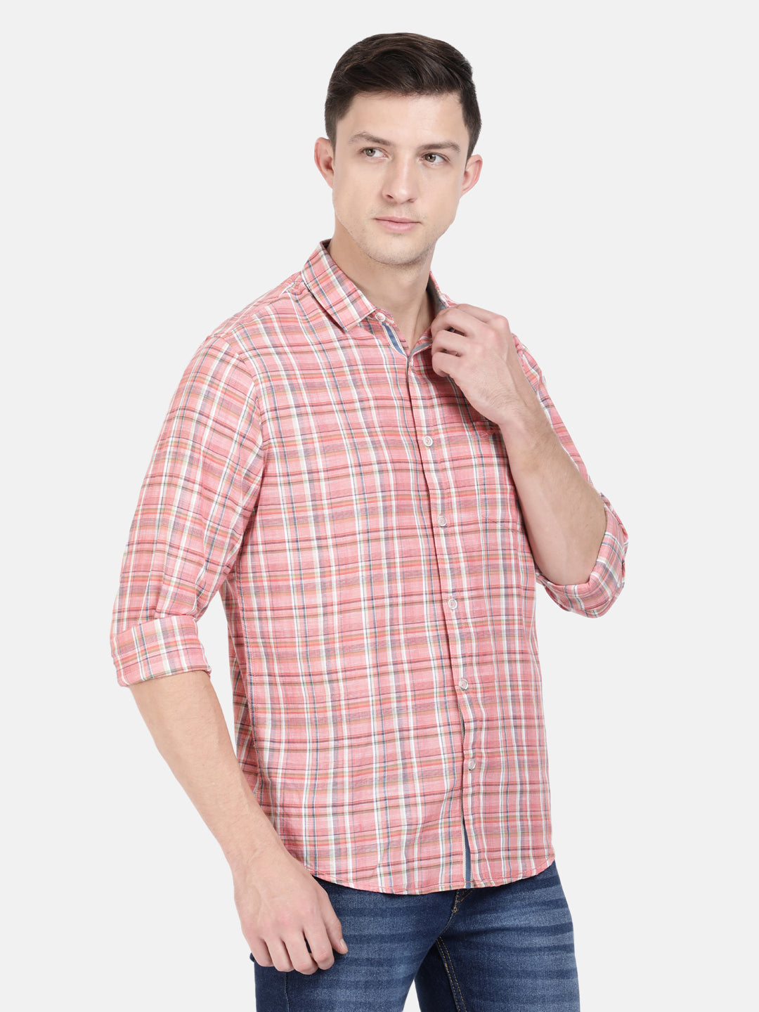 Casual Full Sleeve Comfort Fit Checks Light Red With Collar Shirt For Men