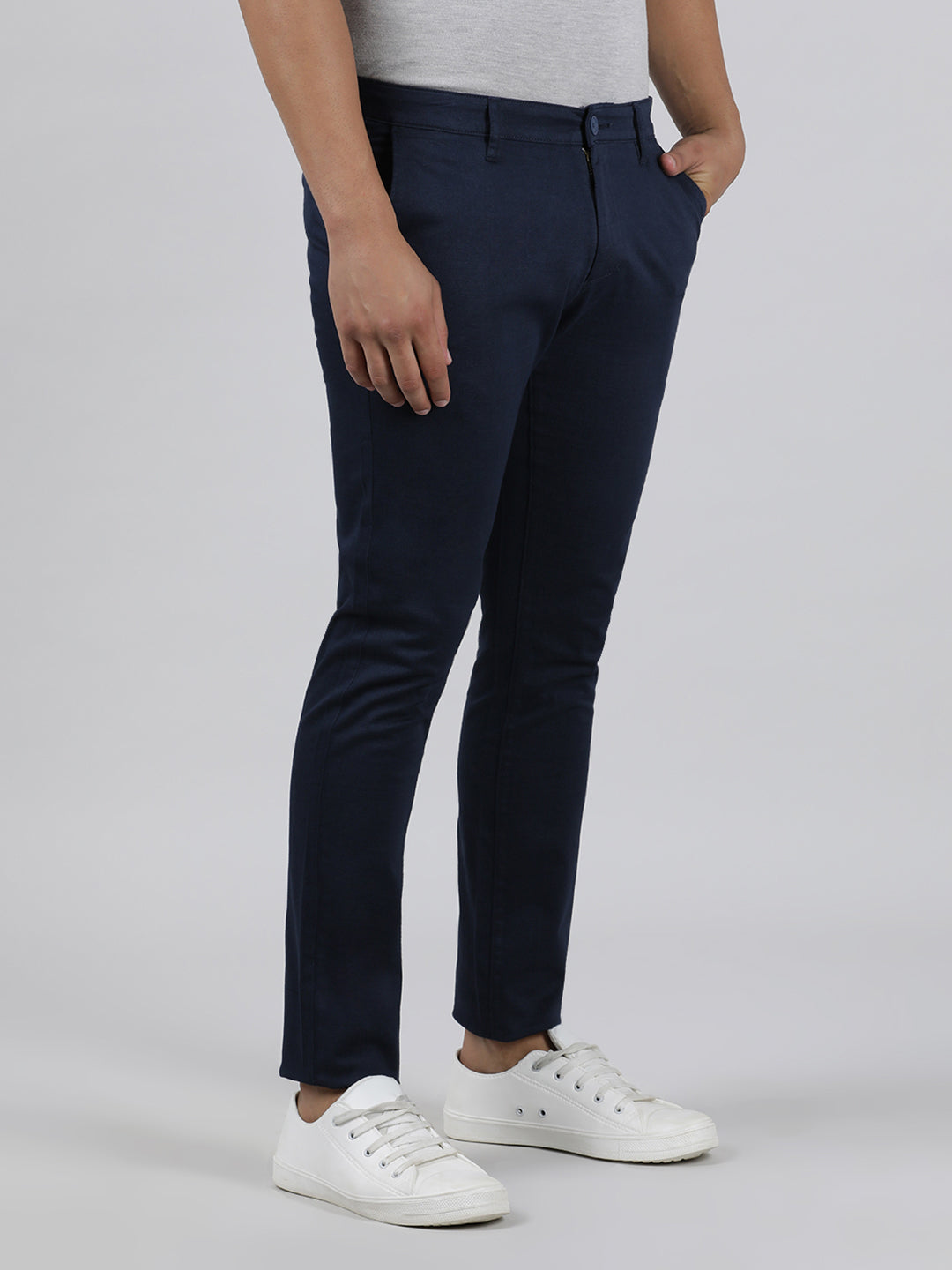 Casual Slim Fit Printed Navy Trousers for Men