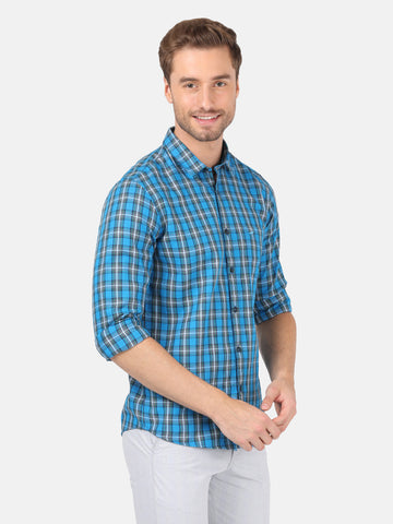 Casual Full Sleeve Slim Fit Checks Dark Blue with Collar Shirt for Men