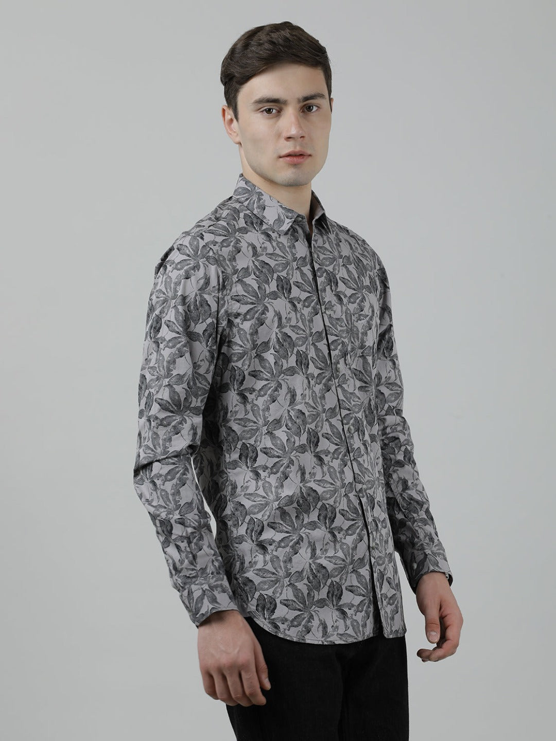 Casual Full Sleeve Slim Fit Printed Shirt Grey for Men