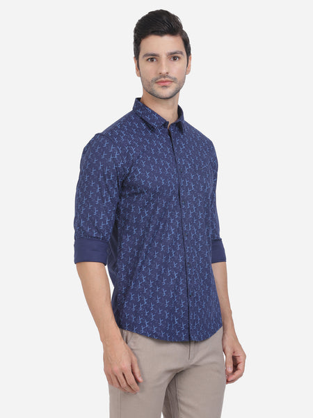 Casual Full Sleeve Slim Fit Printed Navy with Collar Shirt for Men