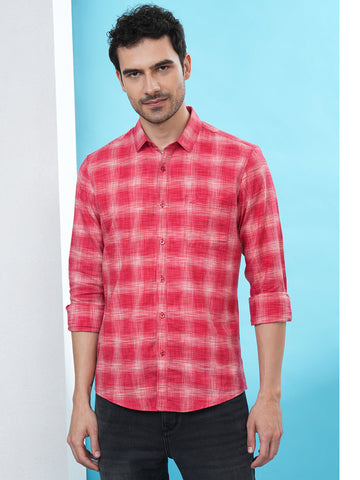 Cotton Uneven Look Ombre Check Shirt Red