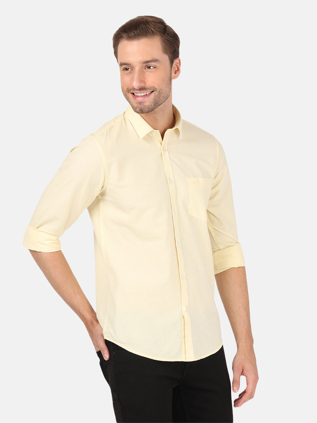 Casual Full Sleeve Slim Fit Solid Yellow with Collar Shirt for Men