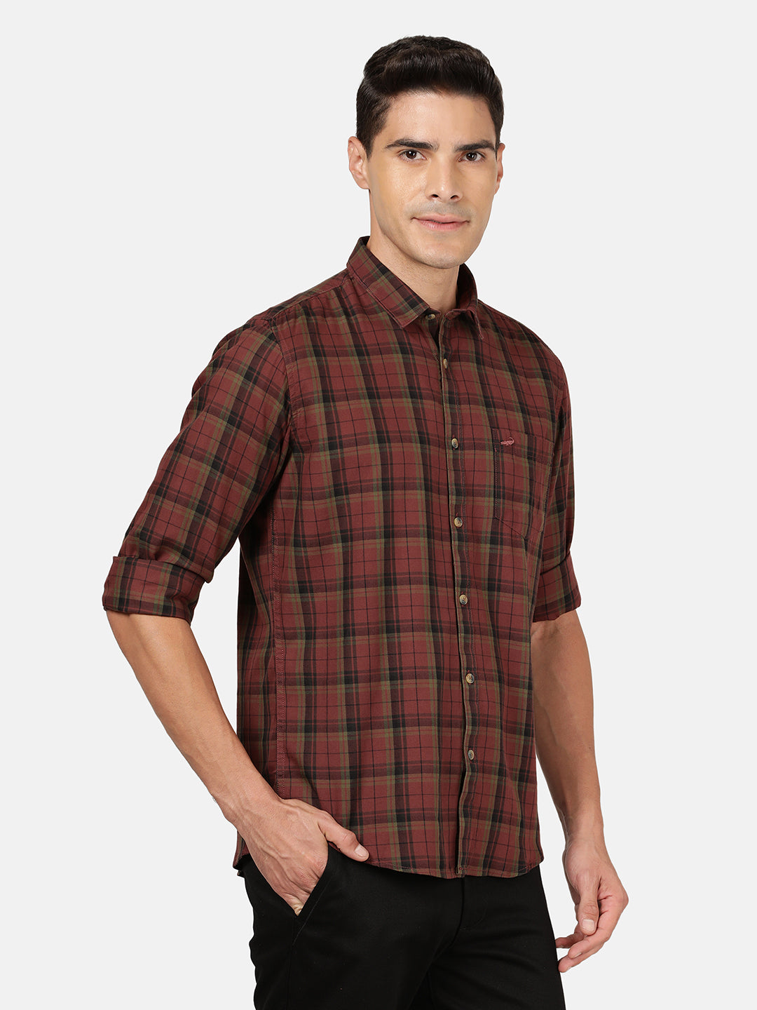 Crocodile Casual Full Sleeve Slim Fit Checks Brown Shirt for Men