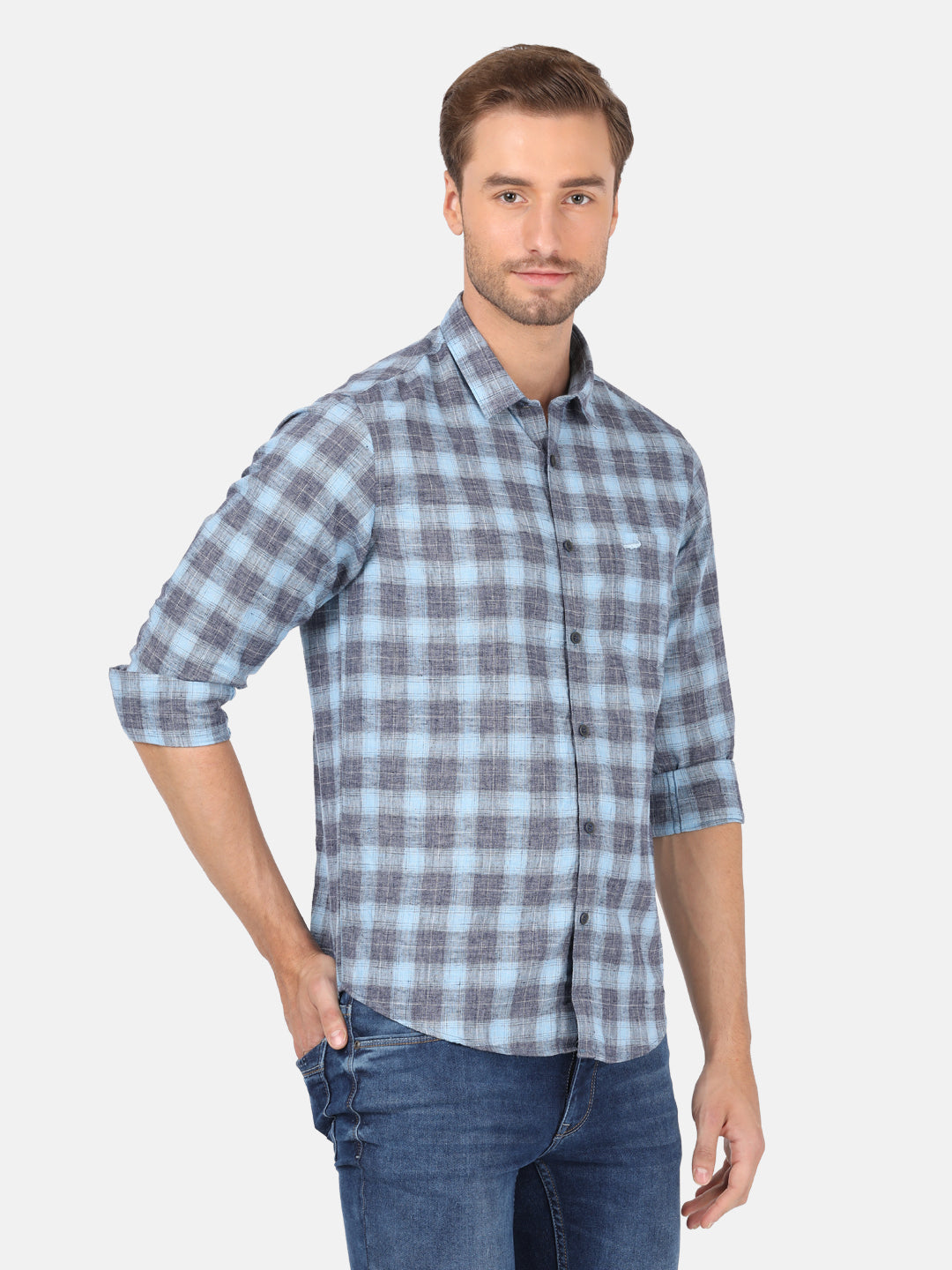 Casual Full Sleeve Comfort Fit Checks Blue with Collar Shirt for Men