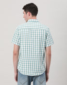 Casual Aqua Blue Half Sleeve Comfort Fit Checks Shirt with Collar for Men