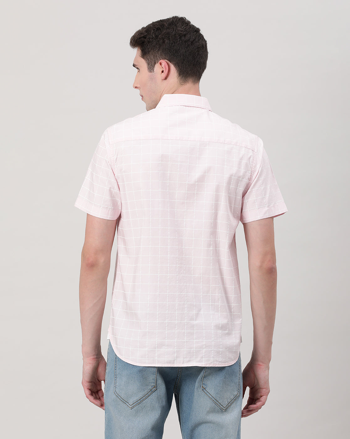 Casual Pink Half Sleeve Comfort Fit Printed Window Check Shirt with Collar