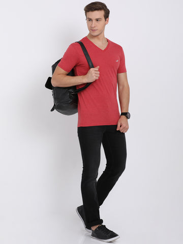 Men'S Solid V Neck Half Sleeve Cotton T-Shirt - Red Melange