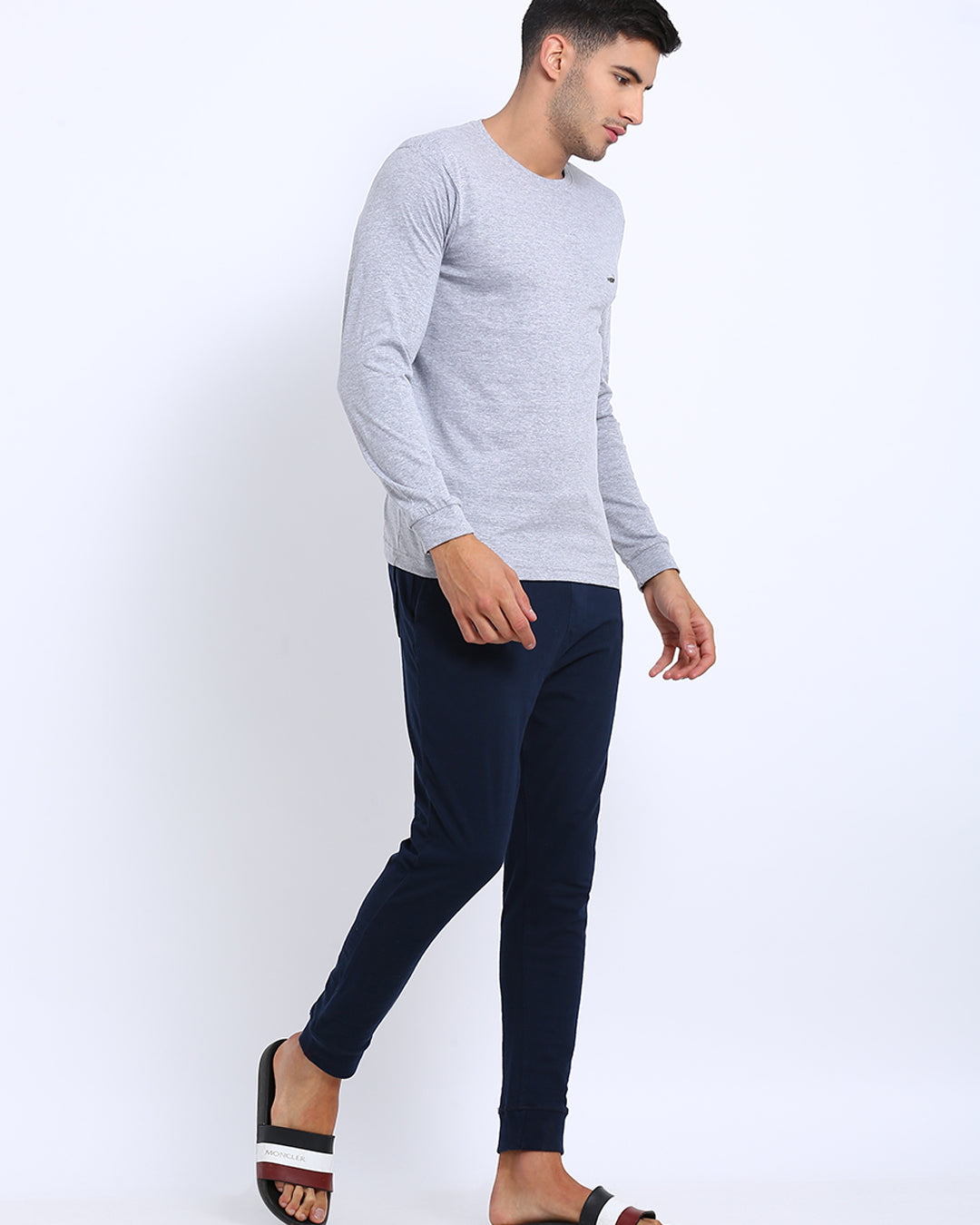 Men's Solid Round Neck Full Sleeve Cotton T-Shirt - GREY MELANGE
