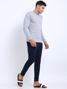 Men's Solid Round Neck Full Sleeve Cotton T-Shirt - GREY MELANGE