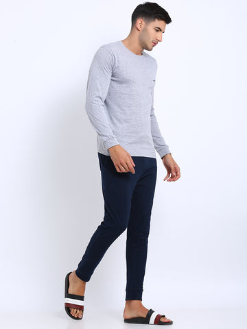 Men'S Solid Round Neck Full Sleeve Cotton T-Shirt - Grey Melange