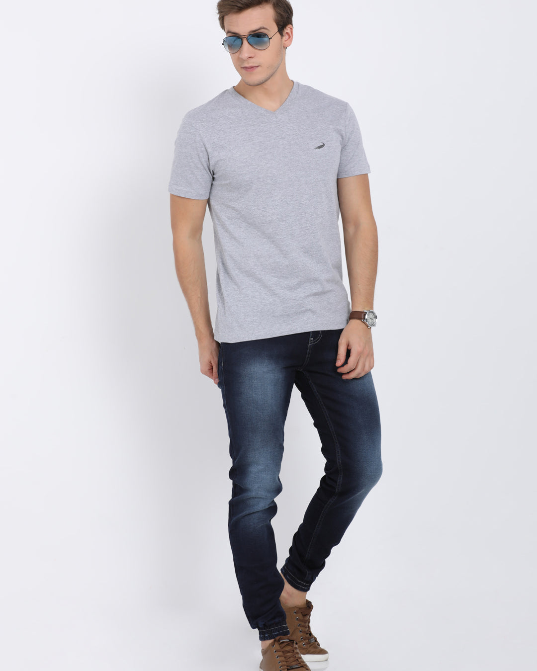 Men's Solid V Neck Half Sleeve Cotton T-Shirt - GREY MELANGE