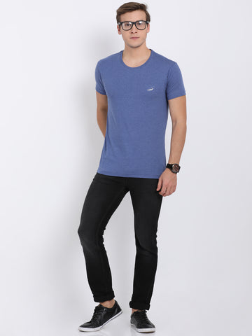 Men'S Solid Round Neck Half Sleeve Cotton T-Shirt - Blue Melange