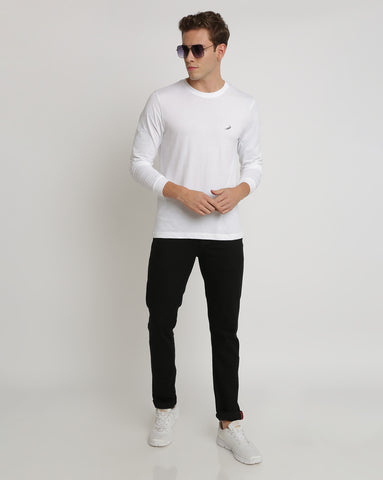 Men'S Solid Round Neck Full Sleeve Cotton T-Shirt - White