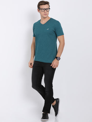 Men'S Solid V Neck Half Sleeve Cotton T-Shirt - Green Melange