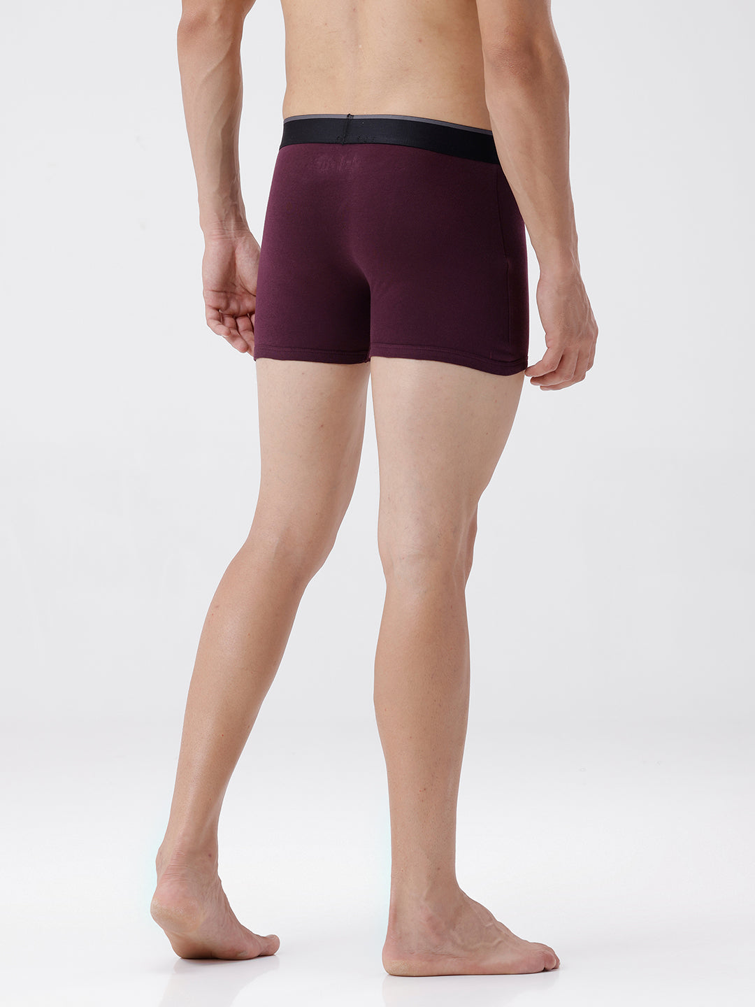 Person wearing a pair of maroon boxer briefs on a white background