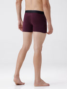 Person wearing a pair of maroon boxer briefs on a white background