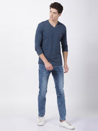 Men's Solid V Neck Full Sleeve Cotton T-Shirt - DENIM MELANGE