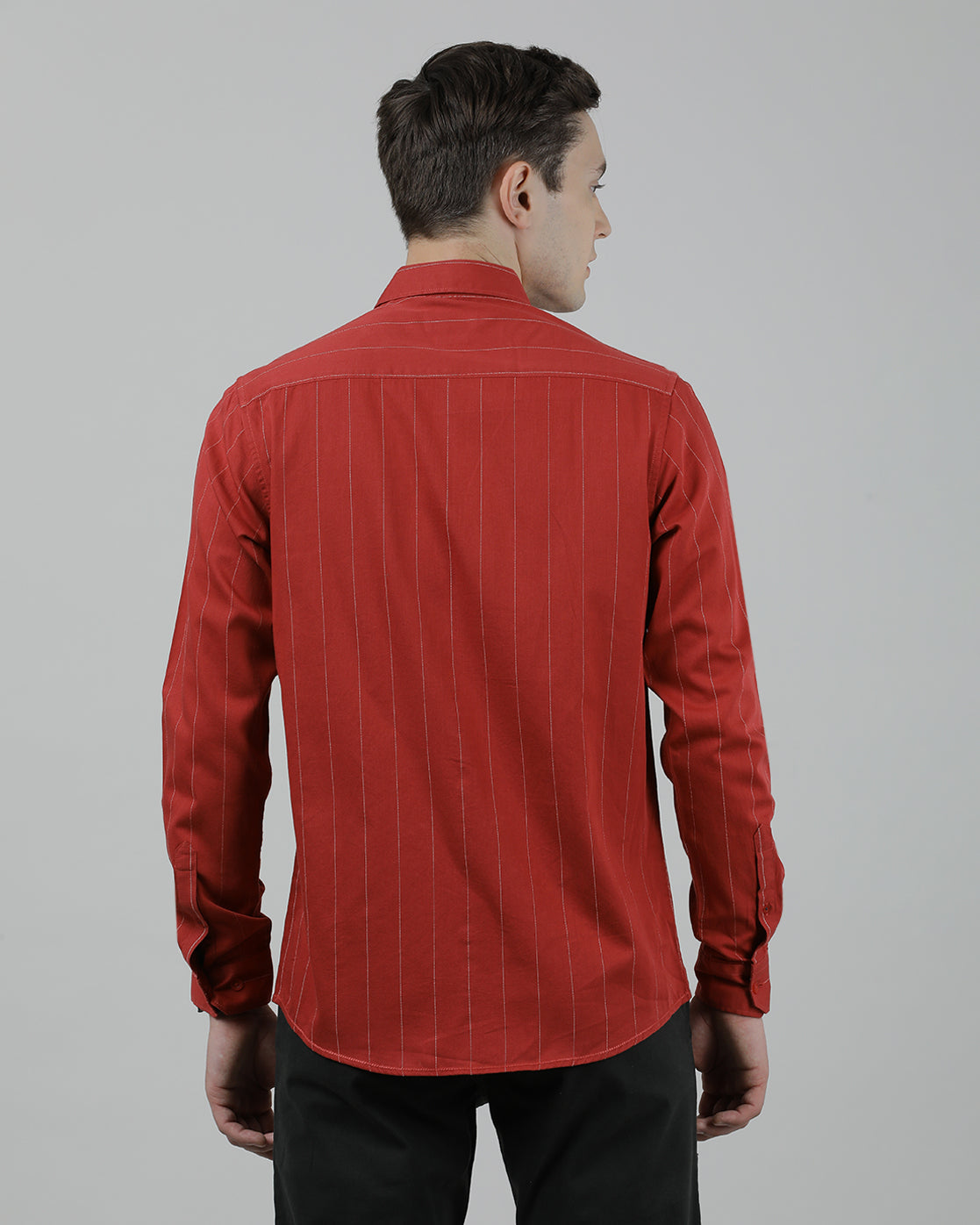 Casual Red Full Sleeve Slim Fit Stripe Shirt with Collar for Men