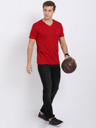 Men's Solid V Neck Half Sleeve Cotton T-Shirt - CHILLI PEPPER