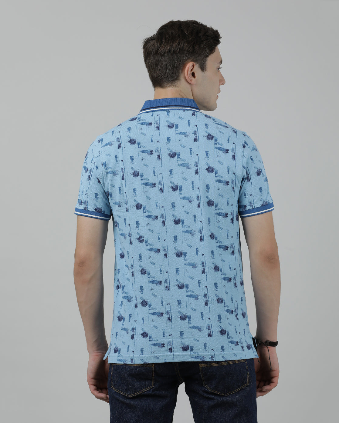 Casual Light Blue T-Shirt Polo Printed Half Sleeve Slim Fit with Collar for Men