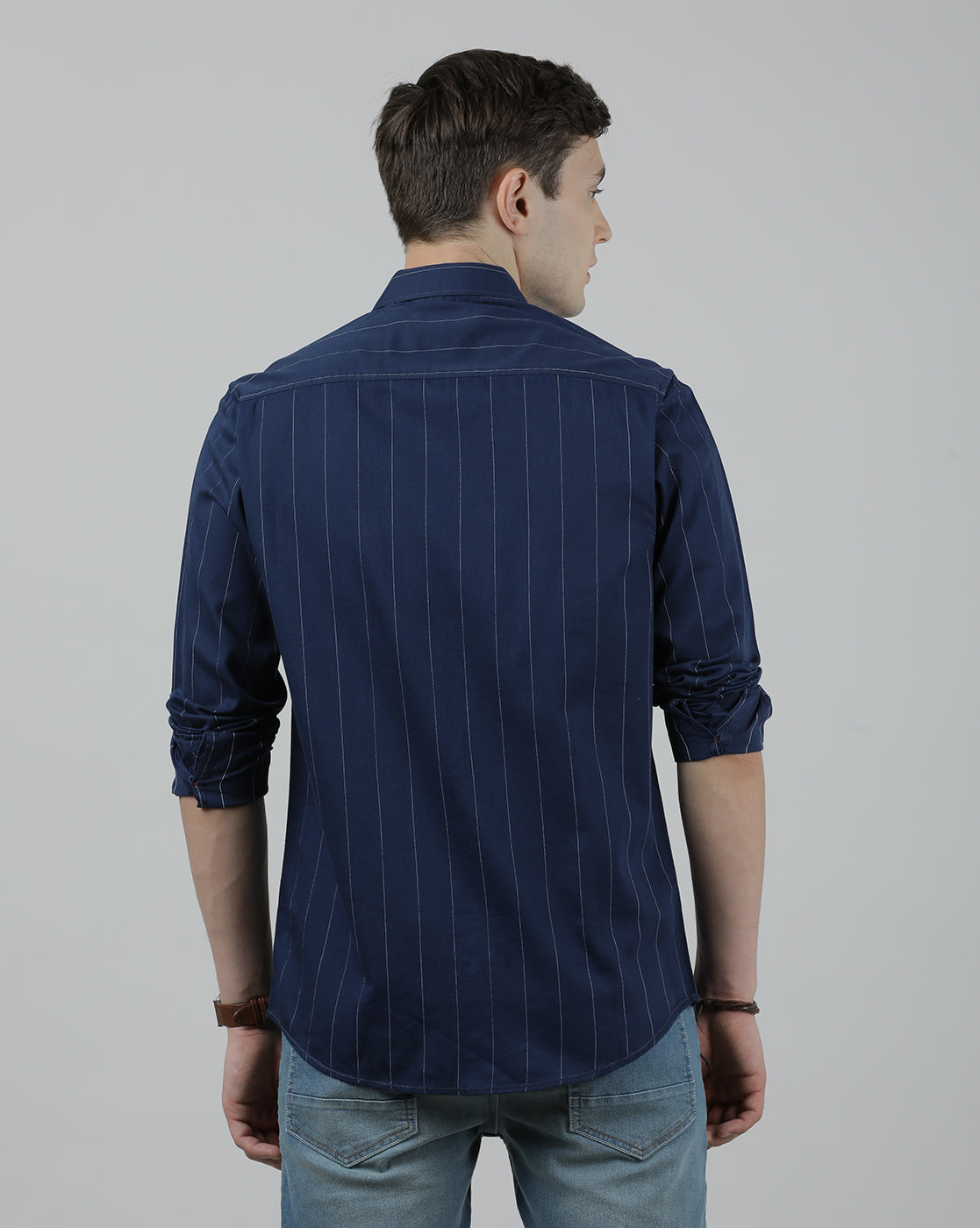 Casual Navy Full Sleeve Slim Fit Stripe Shirt with Collar for Men