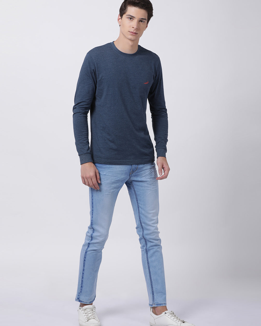 Men's Solid Round Neck Full Sleeve Cotton T-Shirt - DENIM MELANGE