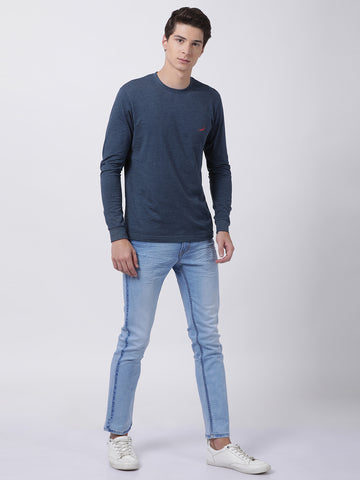 Men'S Solid Round Neck Full Sleeve Cotton T-Shirt - Denim Melange