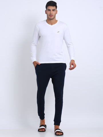 Men'S Solid V Neck Full Sleeve Cotton T-Shirt - White