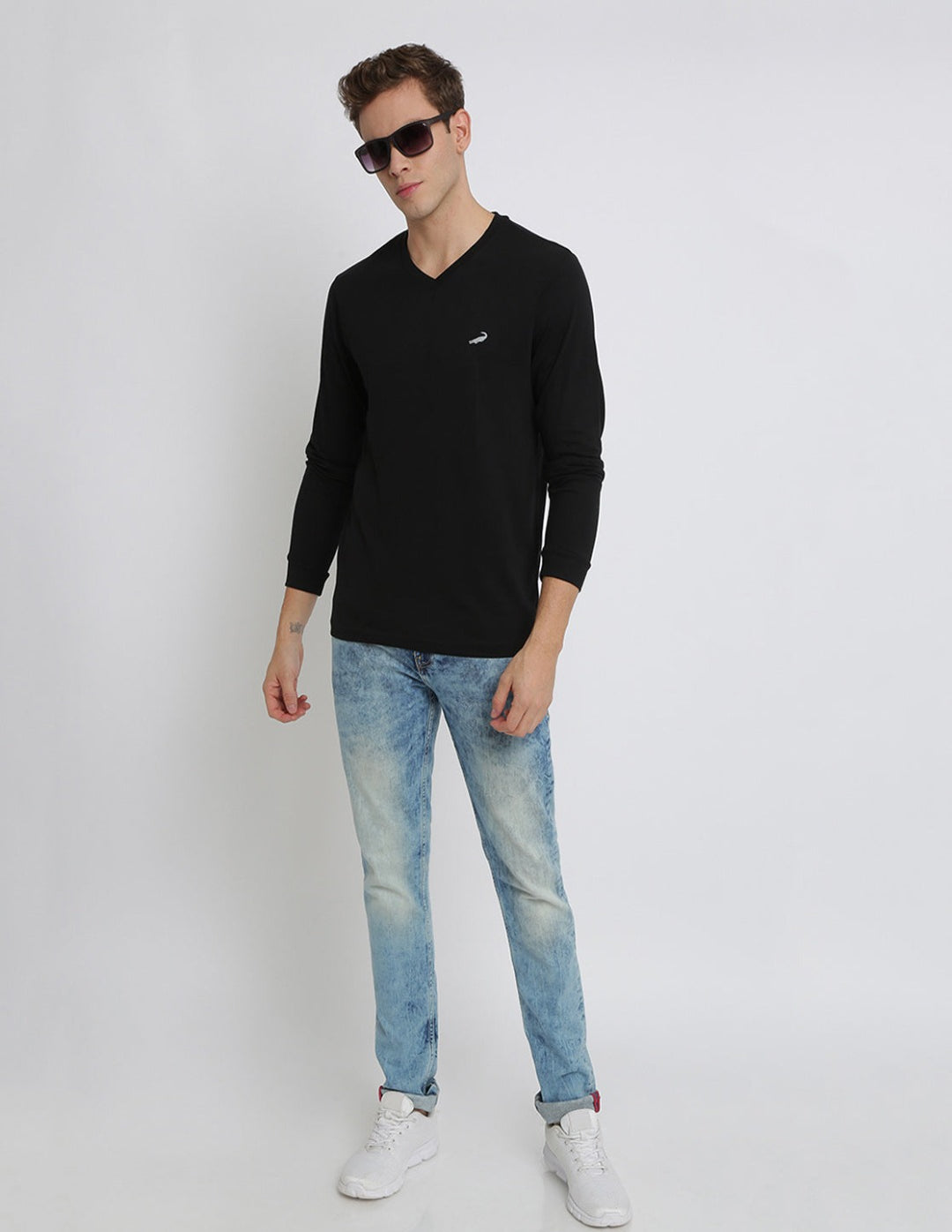 Men's Solid V Neck Full Sleeve Cotton T-Shirt - BLACK
