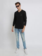 Men's Solid V Neck Full Sleeve Cotton T-Shirt - BLACK