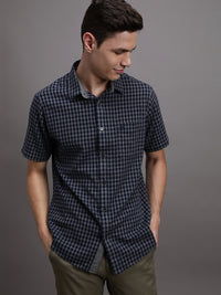 Navy Checked Half Sleeve 100% Cotton Shirt