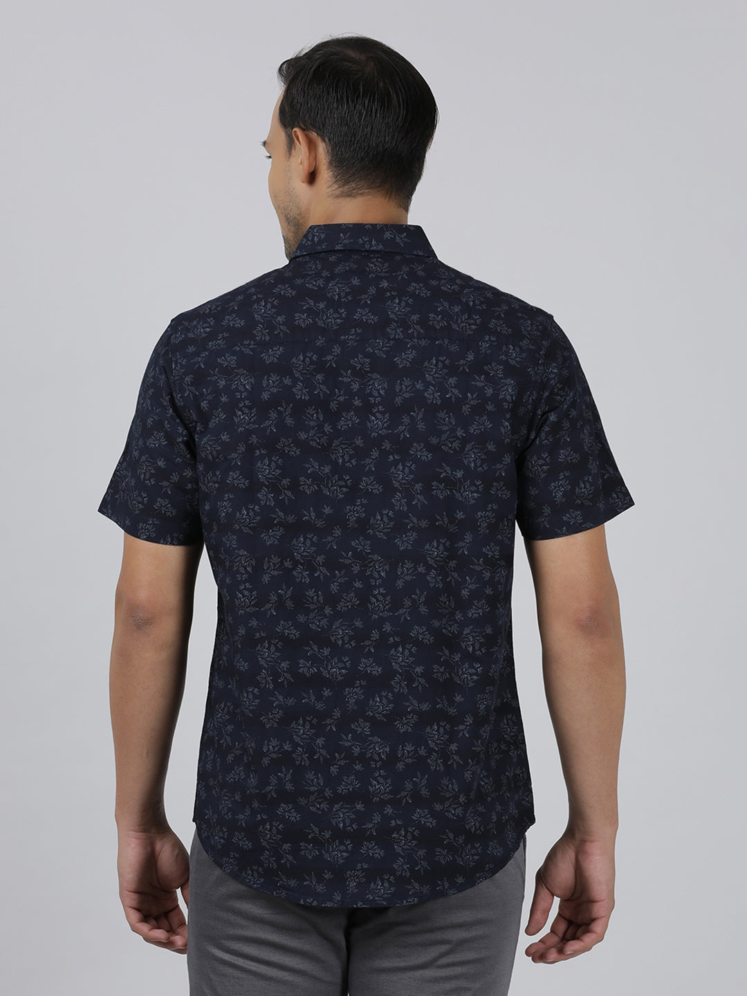 Casual Navy Half Sleeve Regular Fit Print Shirt with Collar for Men