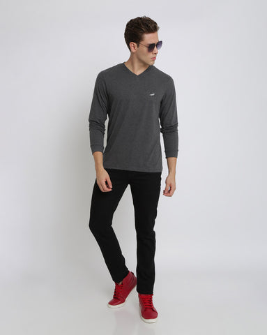 Men'S Solid V Neck Full Sleeve Cotton T-Shirt - Charcoal Melange